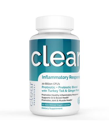 Clear Probiotics Inflammatory Response - Irritable Bowel - Gut Inflammation - Body Aches - Antioxidants - Turkey Tail - Ginger Root - 60 Count