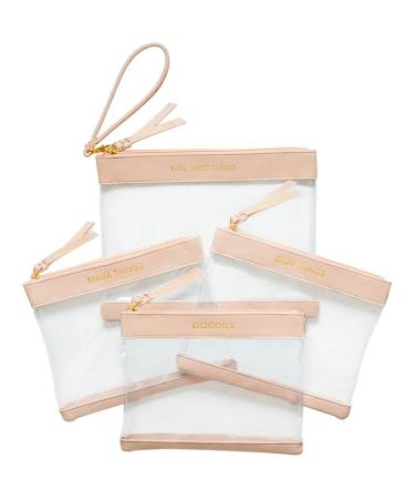 Diaper Bag Organizing Pouches | Set of 4 Including Diaper Clutch | Dry Wet Bag (Blush & Clear)