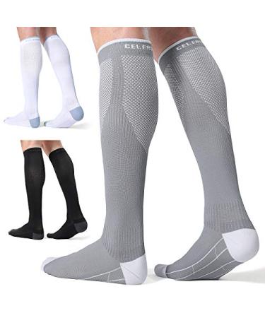 3 Pairs Compression Socks for Men and Women 20-30 mmHg Running Support Socks Large-X-Large Black + White + Grey