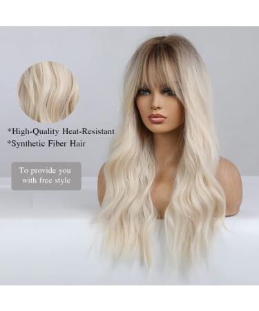 Esmee 26 Blonde Wig with Bangs - Ombre Wavy Synthetic Hair with Dark Roots | Perfect for Daily Wear, Parties, and Cosplay - Buy Online on GoSupps.com
