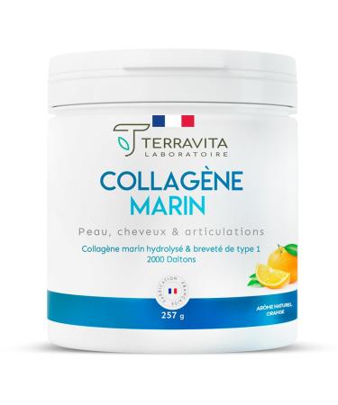 MARINE COLLAGEN PATENTED POWDER | 257g Pure Collagen Peptides Type 1 | Soft Joints Smooth and Hydrated Skin | Orange Taste | 100% French Spine | Terravita