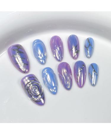 10Pc Blush Powder Almond False Nails Relief Hand drawn Bow Star Design Press on Nails Handmade Full Cover False Nail Tips(Color:5 Size:S)