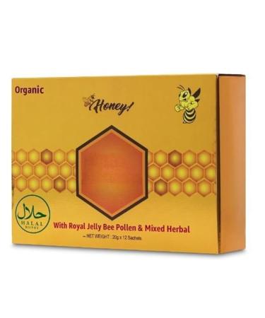 Large 24 Pack Natural Honey Infused with Natural Jelly - Local Bee Pollen from Ginseng Blossoms & Herbs, Power Plus Omega. Full Box of 20G Honey Sachets