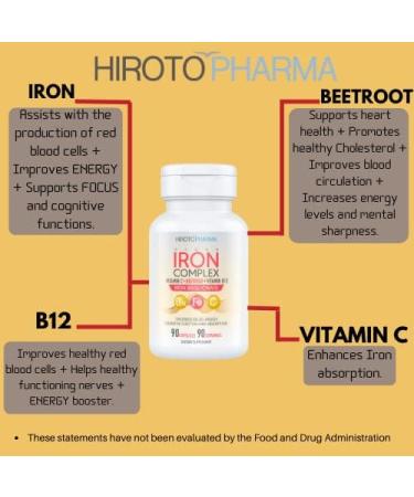 Hiroto Pharma Iron Complex (90 Capsules) - 26mg Iron, Vitamin B12, Vitamin C, Beetroot - Vegan Energy & Focus Supplement - Made in the USA - Buy Online on GoSupps.com