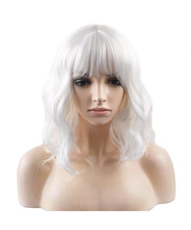 BERON 14 Inches White Wig Short Curly Wig Women Girl's Synthetic Wig White Wig with Bangs Wig Cap Included