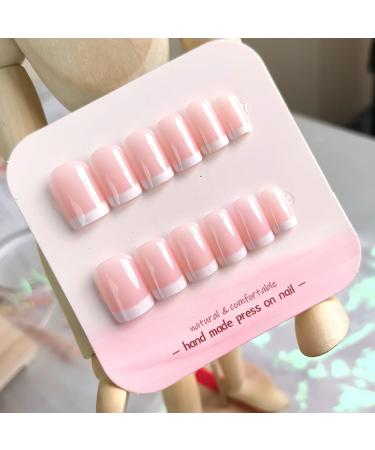 French Tip Press on Nails - Short Square Press On Nails with Nail Tips Hand Drawn White Border Design Nude Pink press on nails Acrylic False Nails Cute Artificial Nails