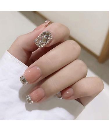 Sethexy medium glossy false fingernails pink sparkle nails sticking space wrong nails shiny rhinestones nails with glue 24st acrylic art nail tips to press on for women and girls