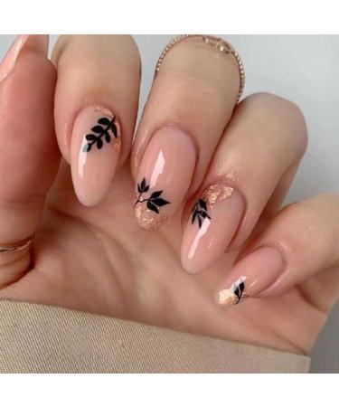 Foccna Medium Length Almond Press on Nude Acrylic Nails for Women Artificial Jelly Glue Sticker on Nails Abstract Fake Nails for Nail Art Manicure Decoration 24pcs Beige Black 24 Piece Assortment