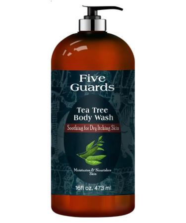 FIVE GUARDS Tea Tree Oil Body Wash With Mint Removes Body Odor  and more. Botanical Shower Gel Soap Women & Men with Oregano  Rosemary  Cinnamon oil - 16 fl oz