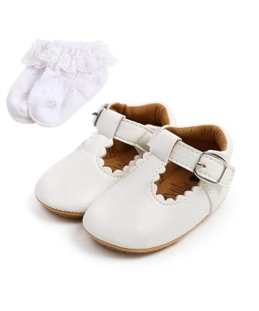Baby Anti-Slip First Walking Shoes Baby Boys Girls Princess Soft Sole Toddler Shoes Sneakers Infant PU Leather Prewalkers for 0-18 Months with Sock 6-12 Months White