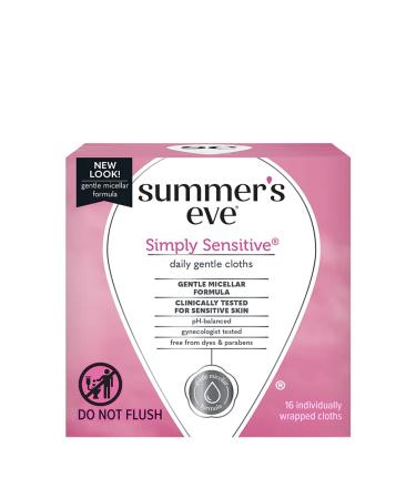 Summer's Eve on-the-go Individually Wrapped Cleansing Cloths | Simply Sensitive, 16-Count per Pack | (3-Packs)