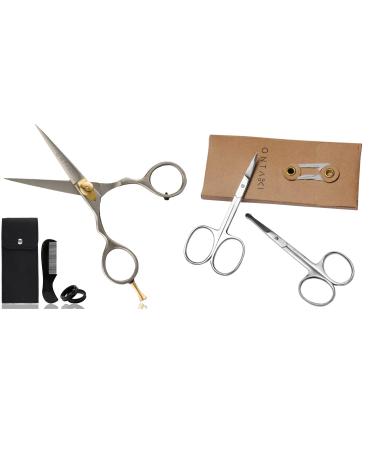 ONTAKI 3 Scissors pack - 1 Japanese Steel Beard & Mustache Scissors With Comb - 2 Facial Grooming Nose Hair Scissors - 1 Curved Blade Tip & 1 Safety Blunt Rounded Tip