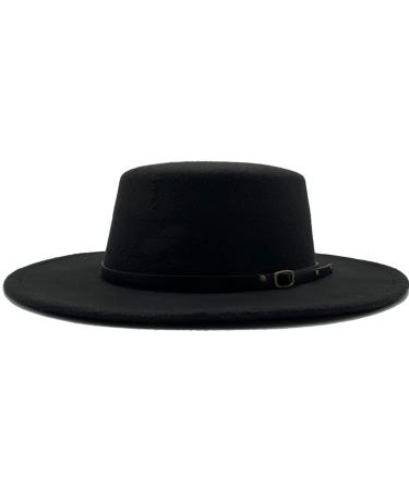 Willheoy Fedora Hats for Women Flat Top Hat for Men Pork Pie Hat Wide Brim Church Hat Boater Trilby Cap Black&belt Buckle 7 1/8