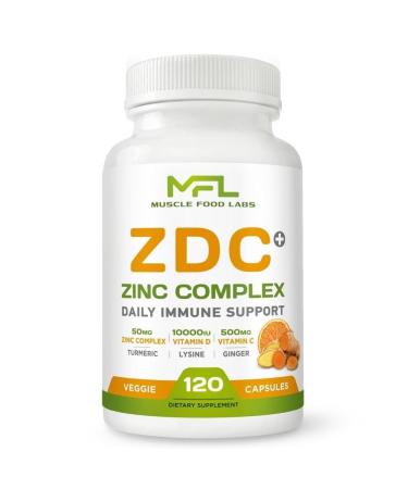 MUSCLE FOOD LABS | Z D C Plus | Vitamin C 500mg | Vitamin D3 | Zinc | Turmeric | Ginger | Lysine | Non-GMO & Gluten Free | Veggie Caps | 120 Servings