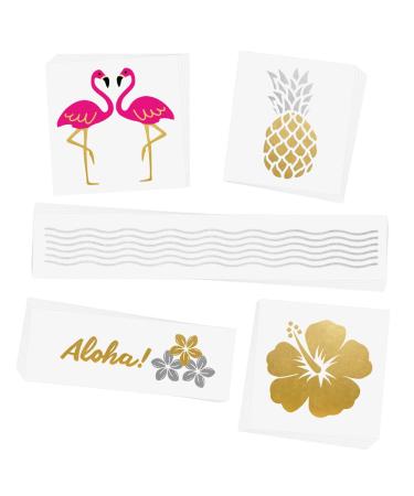 BEACH QUEEN VARIETY SET Flash Tattoos set of 25 assorted tropical inspired premium waterproof metallic gold & silver jewelry temporary foil party tattoos - Party Supplies  luau  tropical  flamingo