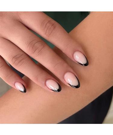 Black French Press Nail Almond Medium camelie acrylic press on nails naked with daisy fake nails adolescent nails for manicure black color