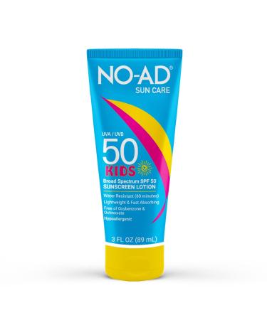 NO-AD SPF 50 KIDS Sunscreen Lotion | Hypoallergenic | Broad Spectrum UVA/UVB Protection | Water Resistant | Octinoxate & Oxybenzone Free with moisturizing Vitamin E and Aloe 3oz | Pack of 3