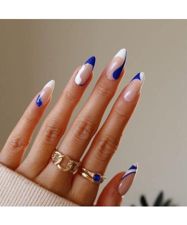 Sethexy abstract almond shape false nails French press on nails swirl fingernails 24st acrylic nails to stick on for women and girls blue