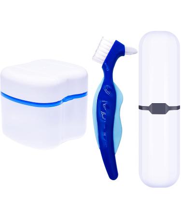 Denture Case,Denture Cups Bath, Toothbrush with hard denture, Dentures Container with Basket Denture Holder for Travel,Mouth Guard Night Gum Retainer Container (Blue)