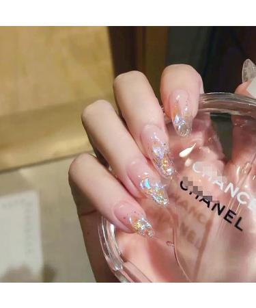 24Pcs/Set Press On Nails Ice Transparent Pink Colorful Aurora Diamond Long False Nails Acrylic Fake Nails Full Cover Nails Tips Artificial Finger Manicure Press on nails for Women and Girls