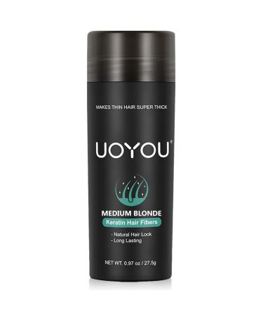 UOYOU MEDIUM BLONDE Hair Fibres for Thinning Hair 27.5g Bottle | Undetectable & Natural Keratin Hair Fibers Concealer for Hair Loss for Men and Women | Hair Building Fibres Powder MEDIUM BLONDE 27.50 g (Pack of 1) Medium Blonde