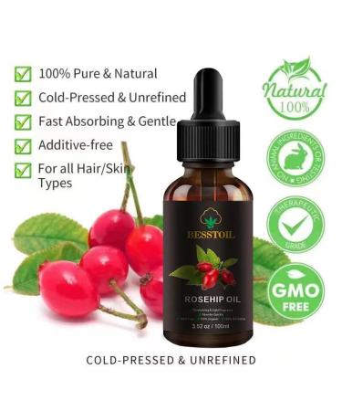 Besstoil Rosehip Seed Oil 100% Pure Natural Cold Pressed Unrefined Non-GMO Carrier Oil - Anti-Aging Moisturizer for Face, Skin, Hair & Nails - 3.52 oz - Buy Online on GoSupps.com