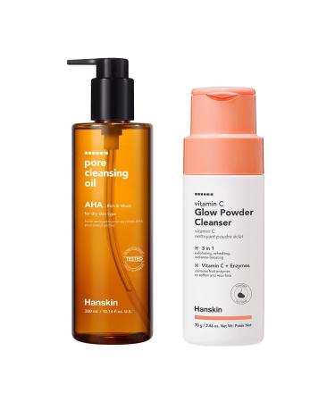 Hanskin AHA Oil & Vitamin C Cleansing Duo AHA Pore Cleansing Oil & Vitamin C Powder Cleanser | Exfoliation Brightening & Pore Care for Oily Combination & Dull Skin | Korean Skincare Set K-Beauty