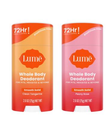 Lume Whole Body Deodorant - Smooth Solid Stick Bundle- 72 Hour Odor Control - Aluminum Free Baking Soda Free and Skin Safe - 2.6 Ounce (Clean Tangerine & Peony Rose)