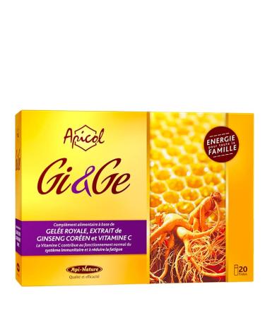 Royal Jelly and Ginseng - Apicol GI&GE 20 vials | Royal Jelly Korean Ginseng Extract and Vitamin C | Promotes Vitality | Api-Nature
