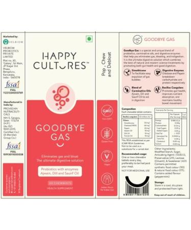 Happy Cultures Goodbye Gas - Chewable Gas Relief Capsules for Bloating & Indigestion | 50mg Simethicone | 30 Count - Digestive Health Solution - Buy Online on GoSupps.com