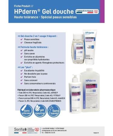  SORIFA Set of 6 - HPderm HIGH TOLERANCE shower gel - 2 in 1 body and hair - Special for sensitive skin tattooed skin weakened hair - Frequent use - pH neutral soap-free - 1L bottle - Buy Online on GoSupps.com