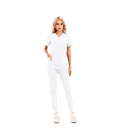 Scrubs for Women Set Jogger Pants Short Sleeve Two Piece Tops and Pants V Neck Stretchy Nurse Working Uniform with Pocket White X-Large