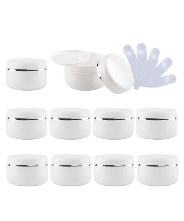 TIANZD 10 Pieces 20ml White Empty Plastic Cosmetic Jars with Screw Lid with Silver Ribbon 20g Small Storage Pot Containers for Homemade Salve Gel Lip Balm Cream Travel 5x Spatula