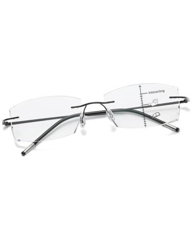 Photochromic Multifocal Progressive Reading Glasses For Women Men Blue Light Blocking Rimless Diamond Cut No Line Multifocus Readers Titanium Eyeglasses Uv Protection Transition Reader Glasses 2.0 Black-clear 2.0 x