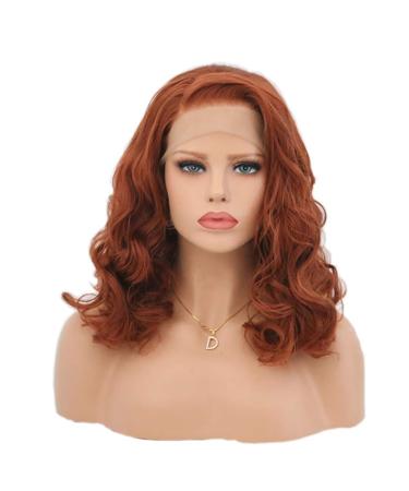 Auburn Wigs Short Wavy Lace Front Wigs Copper Red Synthetic Wig For Women Shoulder Length (Red Brown)