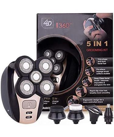 5-in-1 Electric Grooming Kit for Men Wet/Dry Shaver Bald Hair Trimmer Beard & Nose Trimmer Facial Cleansing Brush Waterproof USB Rechargeable Gold Finish - Buy Online on GoSupps.com