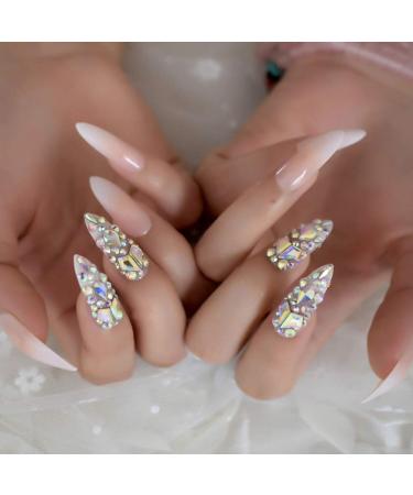 Luxury Extra Long Ombre French Designer Fake Nails with AB Stones Decoration - Stiletto Shape | Pre-designed Natural Tips with Crystal Jewelry - Ombre Luxe - Buy Online on GoSupps.com