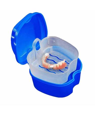 Dental Case Denture Box with Flushable Basket Solid Orthodontic Retainer Case Denture Bath Case Dentures Container with Basket Denture Holder for Home & Travel Use Retainer Cleaning - Dark Blue