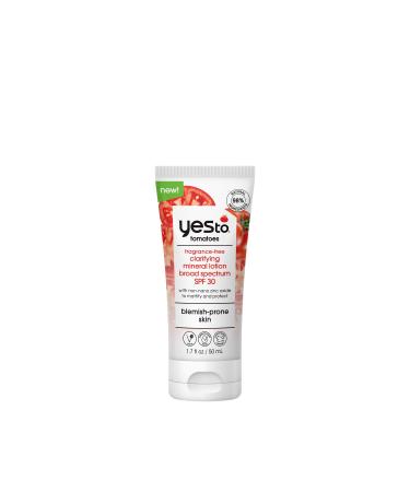 Yes To Tomatoes Fragrance-Free Clarifying Mineral Lotion SPF 30 Sunscreen For Blemish-Prone Skin  Natural Vegan & Cruelty Free  1.7 Fl Oz