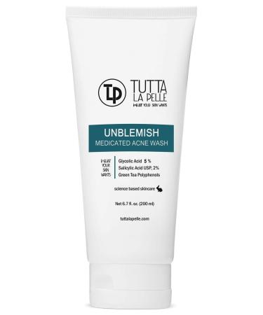 Exfoliating Face Wash Glycolic Acid 5% Salicylic Acid 2% - Medicated Unblemish Cleanser AHA BHA Acne Wash Calming Green Tea Helps for Acne Oiliness Blackheads Cystic Acne Whiteheads 6.7 Fl Oz Acne Wash 5-2