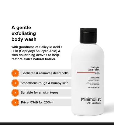 Minimalist 2% Salicylic Acid Body Wash | Acne Exfoliating Shower Gel | Sulphate Dye & Fragrance Free | 6.76 Fl Oz for Smooth Skin - Buy Online on GoSupps.com