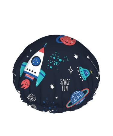 Moslion Space Shower Caps Rockets UFO Planet Stars Cartoon Cute Universe Astronomy Cosmic Galaxy Women Reusable Double Layer Hair Cover Soft Shower Hat for All Hair Length Shower Hair Cap a954