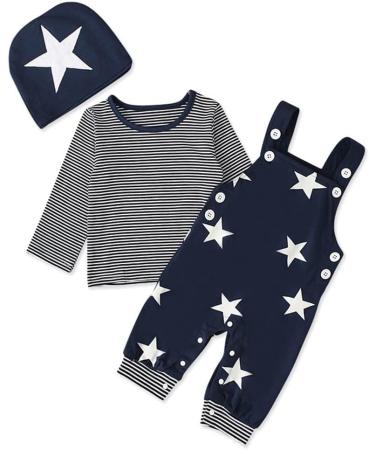 Infant Boys 3pcs Clothing Set | Newborn Cotton Romper Outfit | Long Sleeve T-shirt, Dungarees & Hat | Blue | 0-24 Months - Buy Online on GoSupps.com