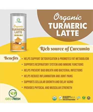 Geo-Fresh Organic Turmeric Latte Mix - 100G | with Cinnamon & Black Pepper | USDA Certified Golden Milk | Vegan | Haldi doodh | Herbal Brew Iced or Serve Hot Higher Curcumin Detox - Buy Online on GoSupps.com