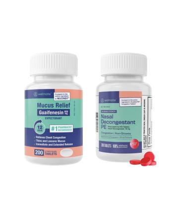 WELMATE Respiratory Relief Bundle: Guaifenesin 600 Mg Mucus Relief (200 Bi-Layer Tablets) + Phenylephrine HCl 10 mg Nasal Decongestant PE (200 Tablets) Sinus Cold & Allergy Support