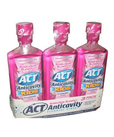 ACT Anticavity Kids Flouride Rinse Bubble Gum Blowout Flavor 18 Ounce Bottles (Pack of 3)