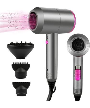 HappyGoo Hair Dryer Professional Ionic Hairdryer with 2 Speed 3 Heat Setting Cool Shot Button 1 Diffuser & 2 Concentrator for Women Man Gray