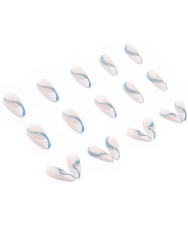 Justotry 24 Pcs Almond False Nails Short White French Press on Nails | Wavy Swirl Fake Nails with Nail Glue | Stiletto Stick on Nails for Women | Nails Art White French & Blue - Buy Online on GoSupps.com