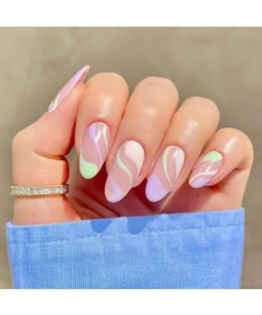 MMonesu Medium Almond Press on Nails Set - 4 Packs (96 Pcs) with Adhesive Tabs and Nail File - Cream Almond 01 Design for Women - Buy Online on GoSupps.com