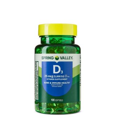 H4U Spring Valley Vitamin D3 Softgels 25 mcg (1000 IU) 100 Count Supplement for Bone and Immune Health